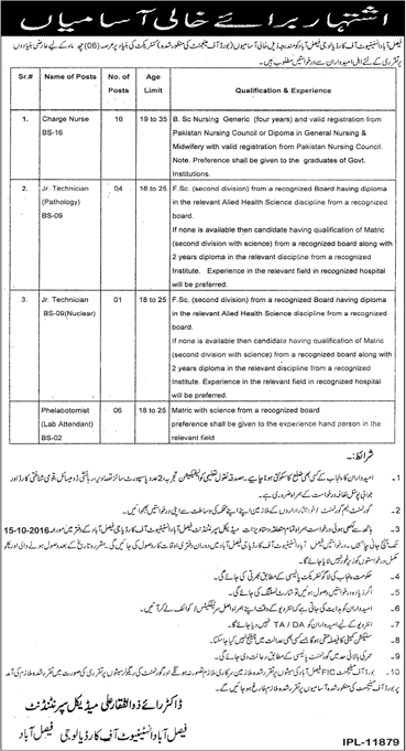 Faisalabad Institute of Cardiology Jobs October 2016 FIC Charge Nurses & Medical Technicians Latest