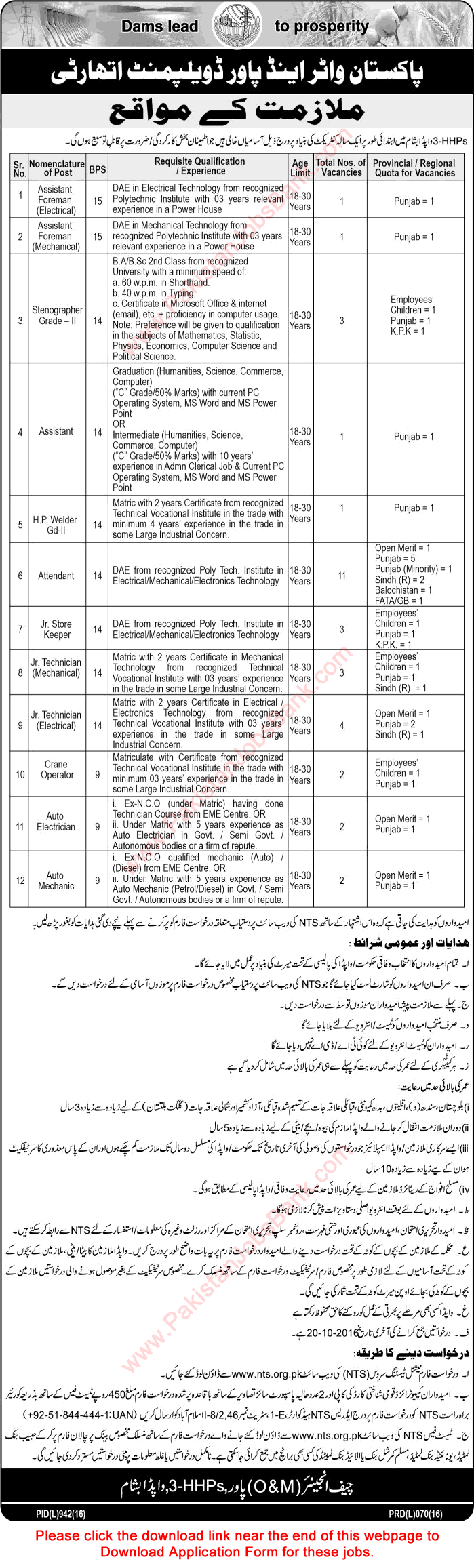 WAPDA Jobs October 2016 3-HHPs Besham NTS Application Form Attendants, Technicians & Others Latest