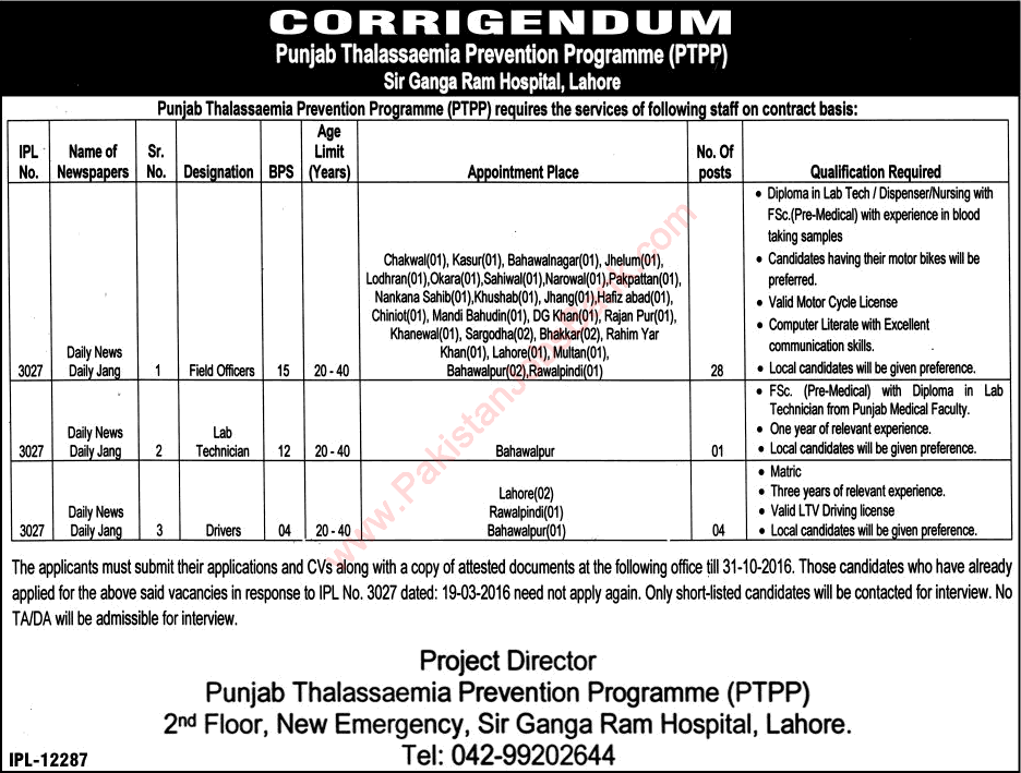 Punjab Thalassemia Prevention Program Jobs October 2016 PTPP Field Officers, Lab Technician & Drivers Latest