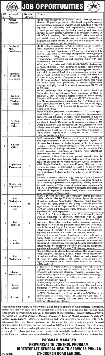 Provincial TB Control Program Punjab Jobs 2016 October Lab Technicians / Assistants, Screeners & Others Latest