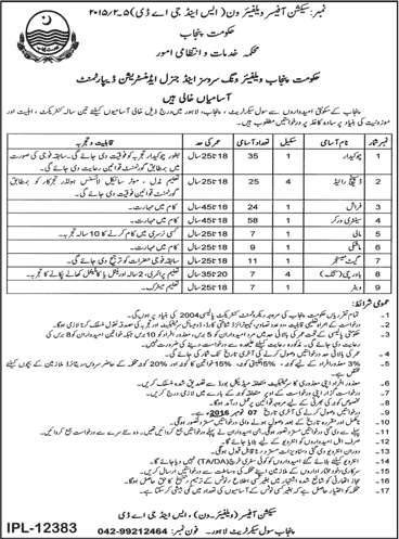 Services and General Administration Department Punjab Jobs October 2016 S&GAD Civil Secretariat Lahore Latest