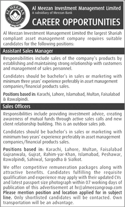 Al Meezan Investment Management Limited Jobs October 2016 Sales Officers & Managers Latest