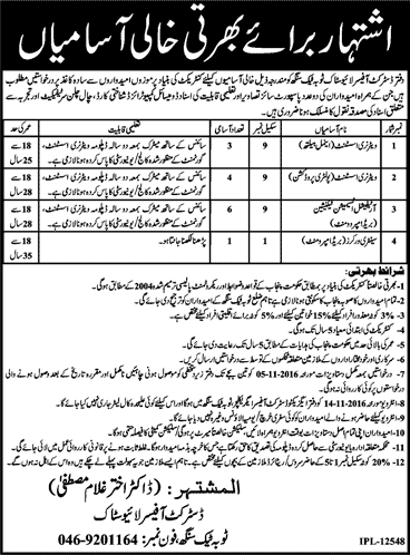 District Livestock Office Toba Tek Singh Jobs 2016 October Veterinary Assistants, AI Technicians & Sanitary Worker Latest