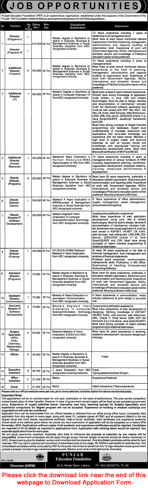 Punjab Education Foundation Jobs October 2016 PEF Application Form Download Latest / New