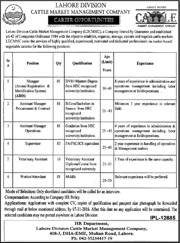 Cattle Market Management Company Lahore Jobs October 2016 Veterinary Assistants, Supervisors & Others Latest