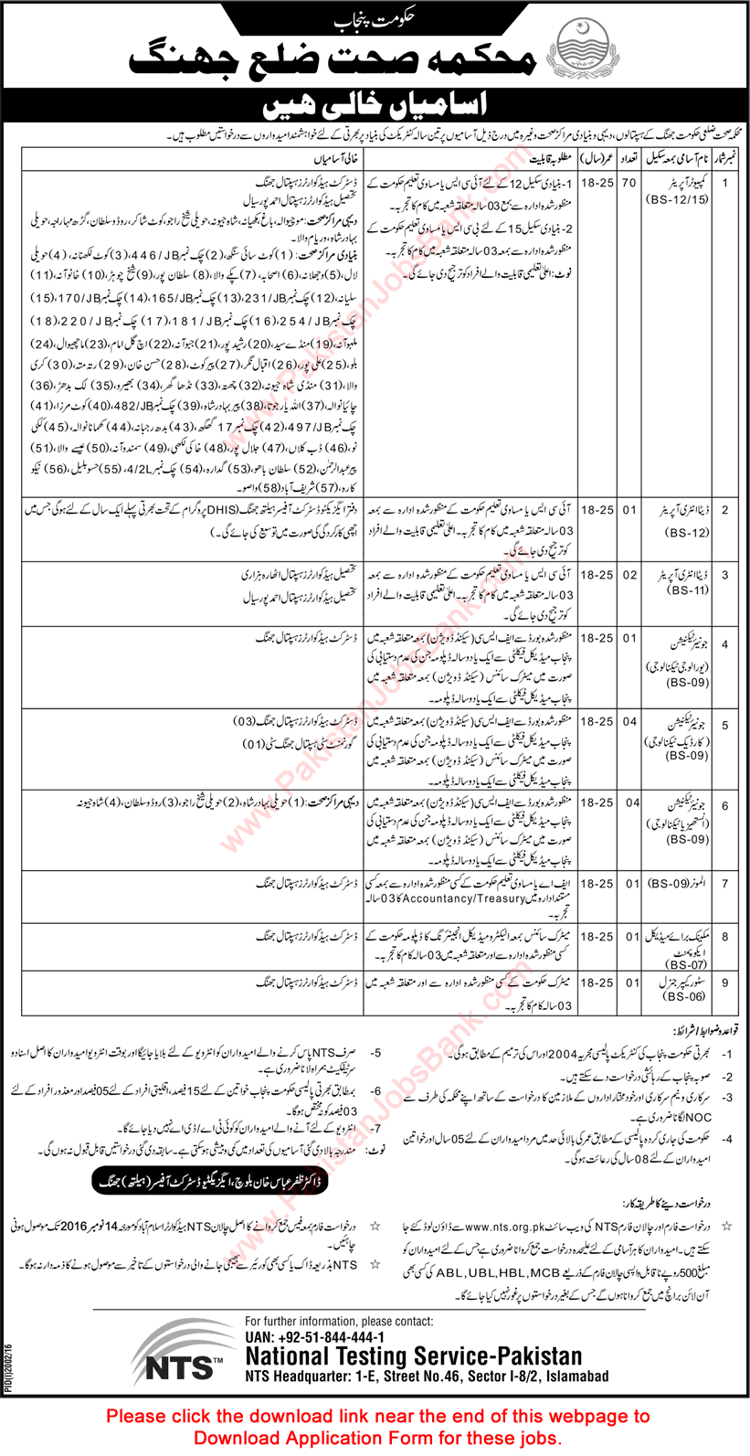 Health Department Jhang Jobs 2016 October NTS Application Form Computer Operators & Others Latest