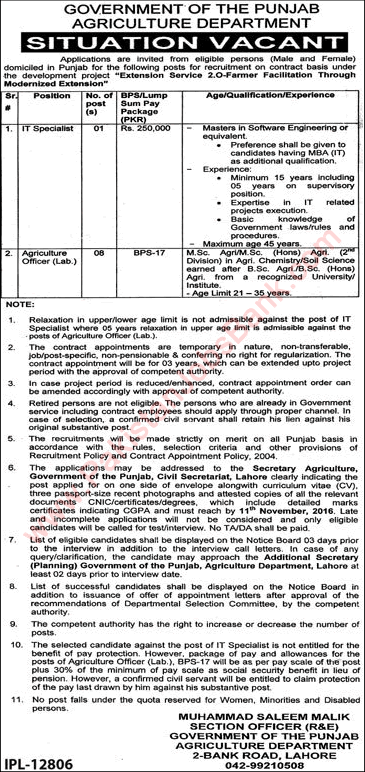 Agriculture Department Punjab Jobs October 2016 Lahore Agriculture Officers & IT Specialist Latest