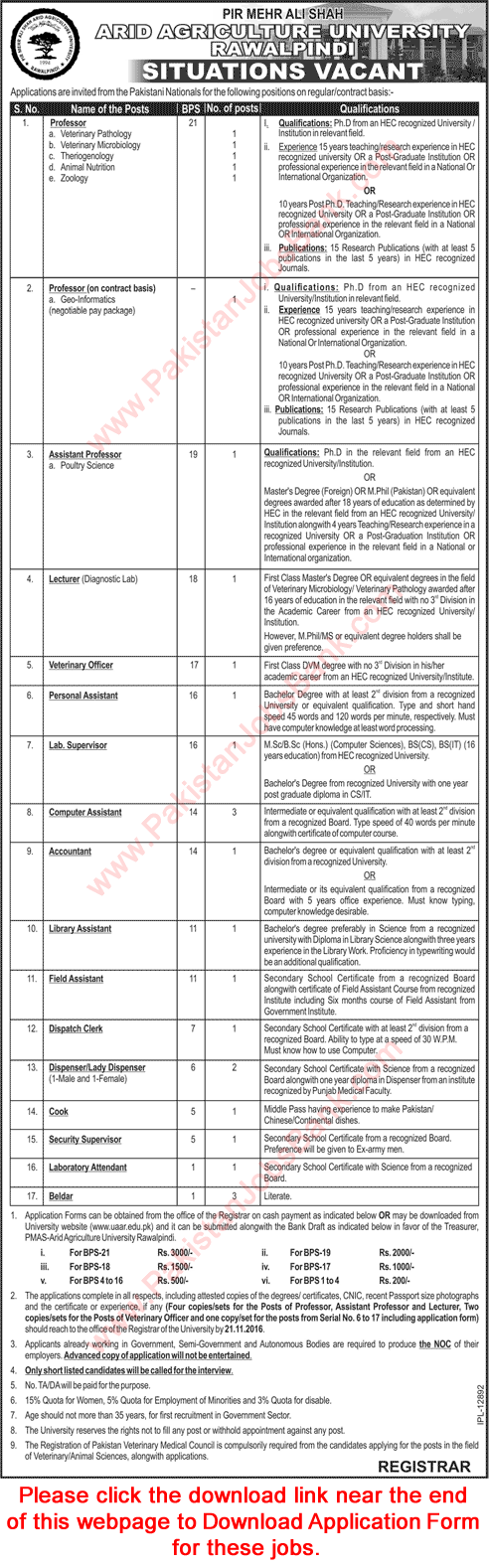 Arid Agriculture University Rawalpindi Jobs October 2016 November Application Form Teaching Faculty & Others Latest