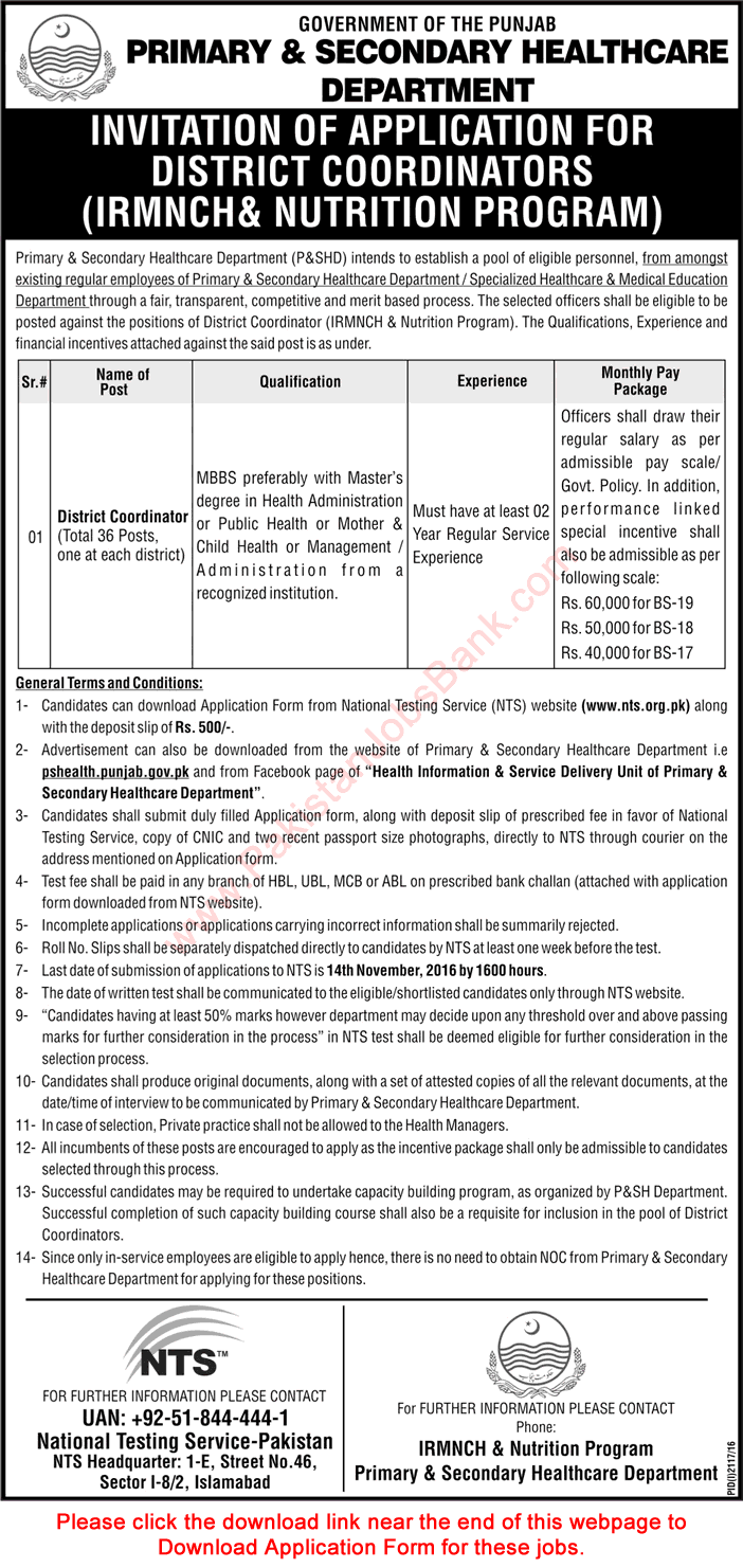 District Coordinator Jobs in Primary and Secondary Healthcare Department Punjab October 2016 November NTS Application Form Latest