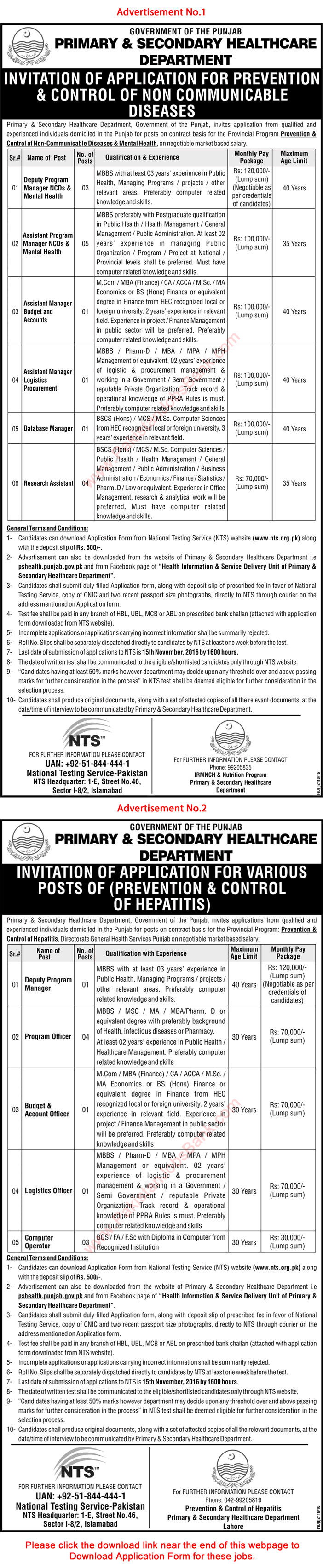 Primary and Secondary Healthcare Department Punjab Jobs October 2016 November NTS Application Form Latest