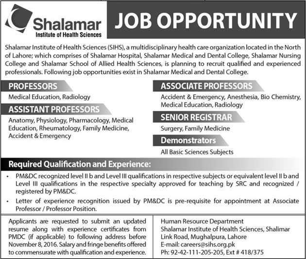 Shalamar Institute of Health Sciences Lahore Jobs October 2016 November Teaching Faculty SIHS Latest