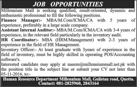 Millennium Mall Quetta Jobs October 2016 November Finance Manager, HR Coordinator & Internal Auditor Latest