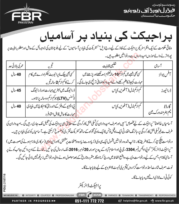 FBR Jobs November 2016 Islamabad Office Boys, Drivers & Guards Federal Board of Revenue Latest