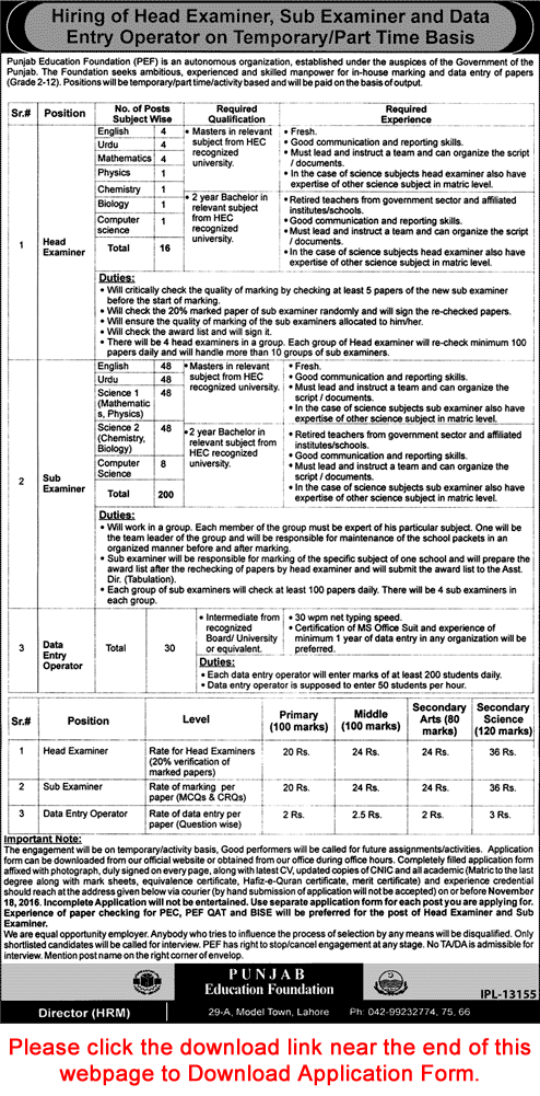 Punjab Education Foundation Jobs November 2016 PEF Application Form Examiners & Data Entry Operators Latest