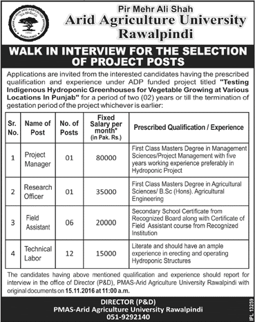 Arid Agriculture University Rawalpindi Jobs November 2016 Walk in Interviews Technical Labor, Field Assistant & Others Latest