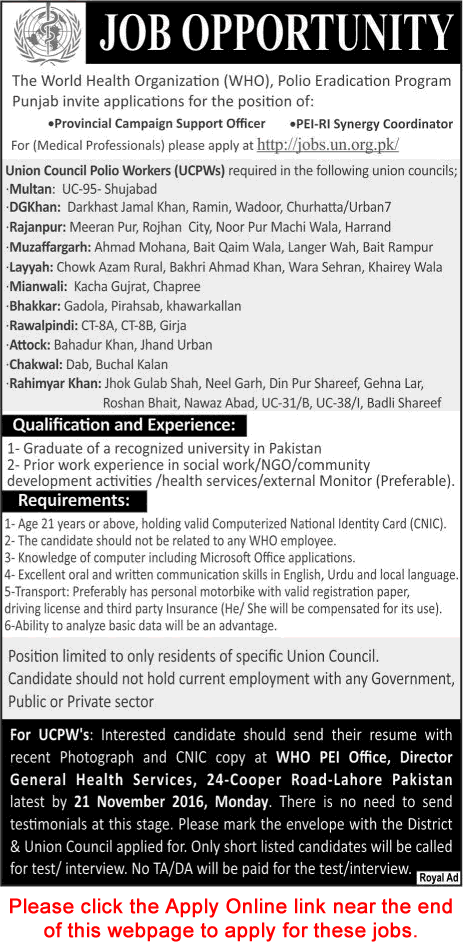 World Health Organization Jobs in Pakistan November 2016 WHO Apply Online Polio Eradication Program Latest