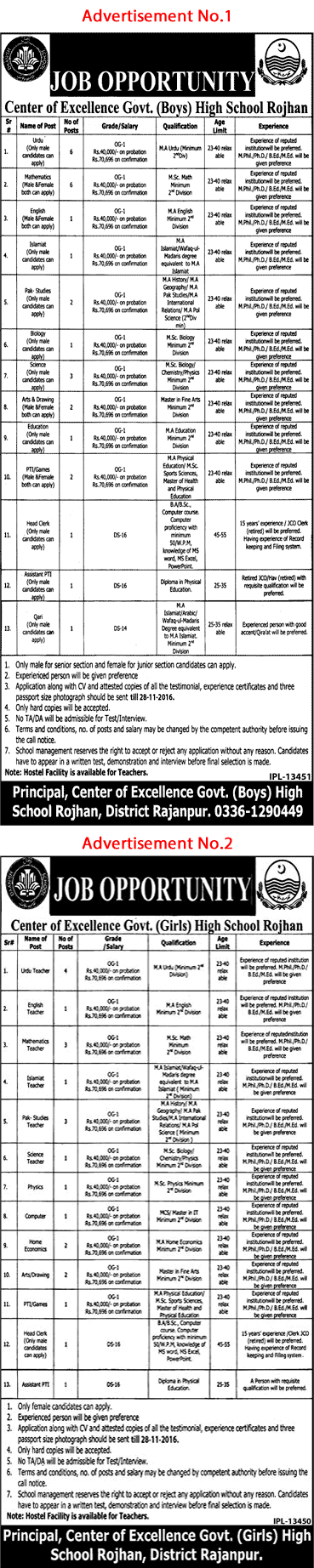 Center of Excellence Government High School Rojhan Jobs November 2016 Punjab Danish Schools Latest