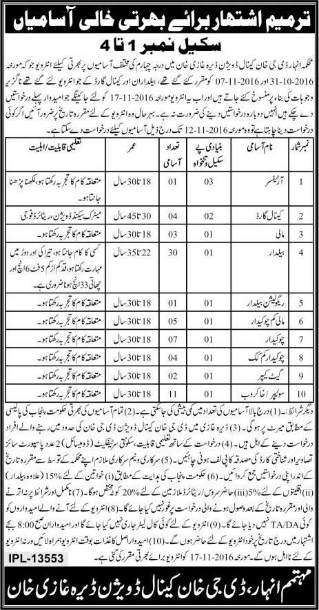 Irrigation Department Dera Ghazi Khan Jobs November 2016 Interviews Schedule Mehkama Anhar Latest