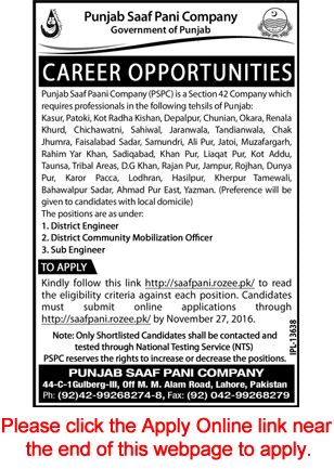 Punjab Saaf Pani Company Jobs November 2016 Apply Online District / Sub Engineers & Community Mobilization Officers Latest