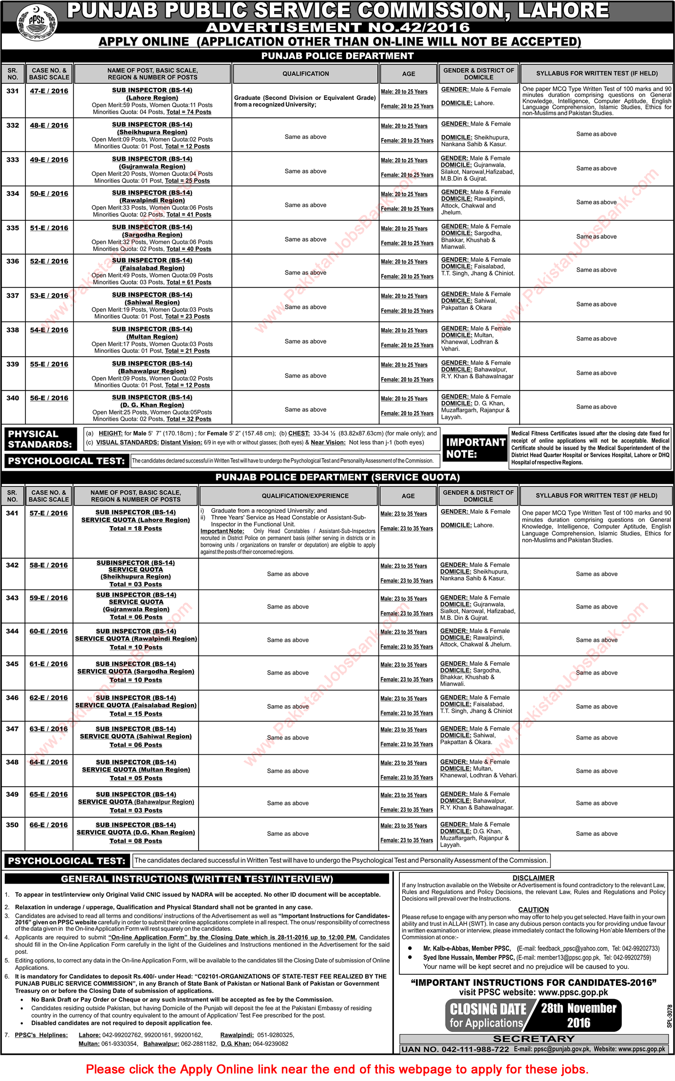 Sub Inspector Jobs in Punjab Police November 2016 PPSC Online Application Form Latest / New