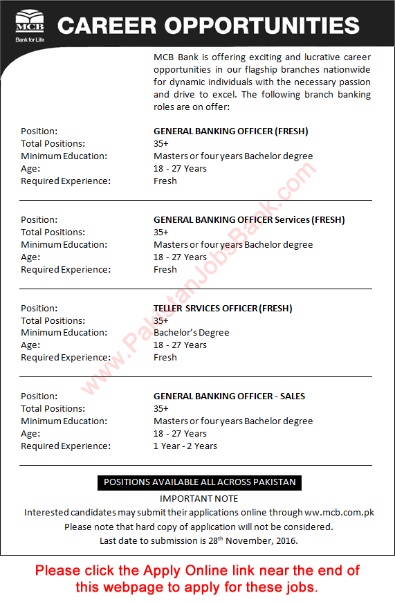 MCB Bank Jobs November 2016 Apply Online General Banking Officers & Teller Services Officers Latest