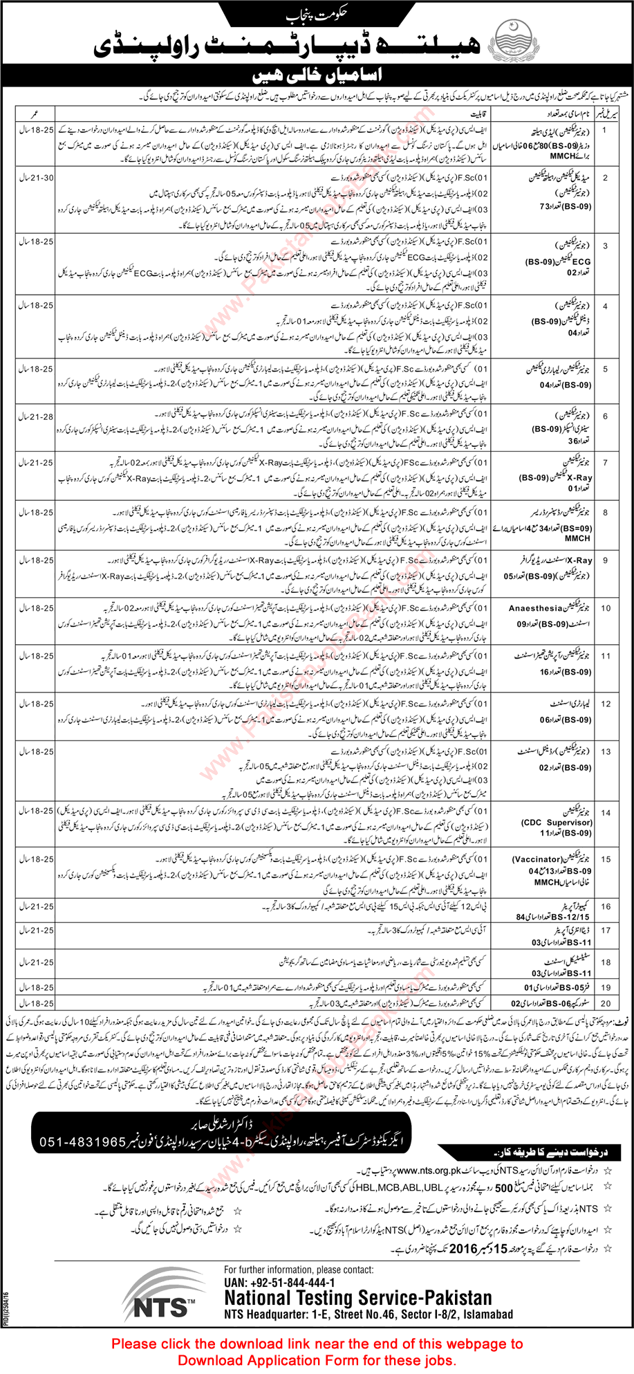 Health Department Rawalpindi Jobs November 2016 NTS Application Form Medical Technicians & Others Latest