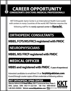 KKT Orthopedic Spine Center Karachi Jobs 2016 November Medical Officers, Neurophysicians & Orthopedic Consultant Latest