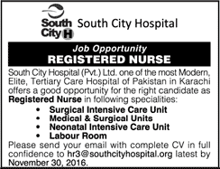 Nursing Jobs in South City Hospital Karachi 2016 November Latest