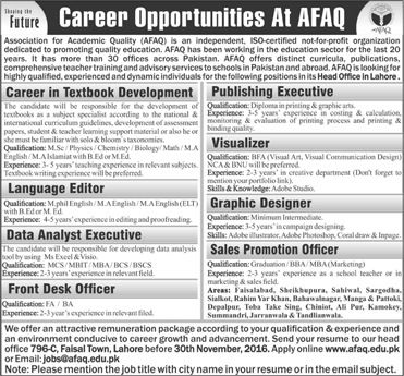 AFAQ Jobs November2016 Lahore Apply Online Front Desk Officer, Sales Promotion Officers & Others Latest