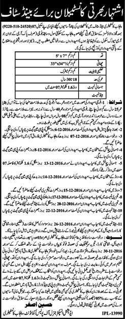 Constable Band Staff Jobs in Punjab Constabulary Farooqabad 2016 November Latest