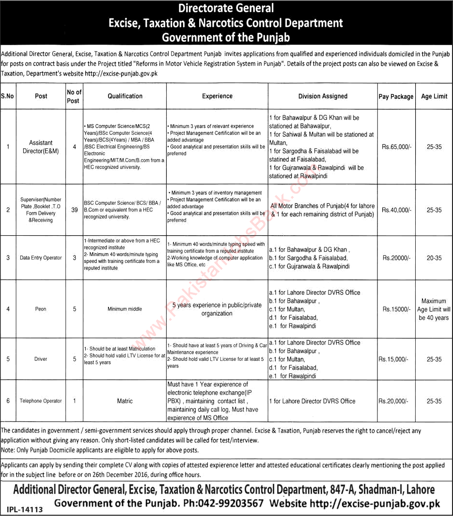 Excise and Taxation Department Punjab Jobs November 2016 December Supervisors, DEO & Others Latest