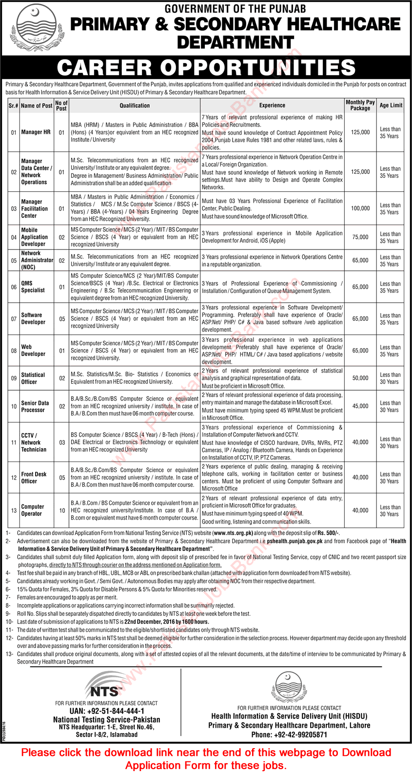 Primary and Secondary Healthcare Department Punjab Jobs December 2016 NTS Application Form Download Latest