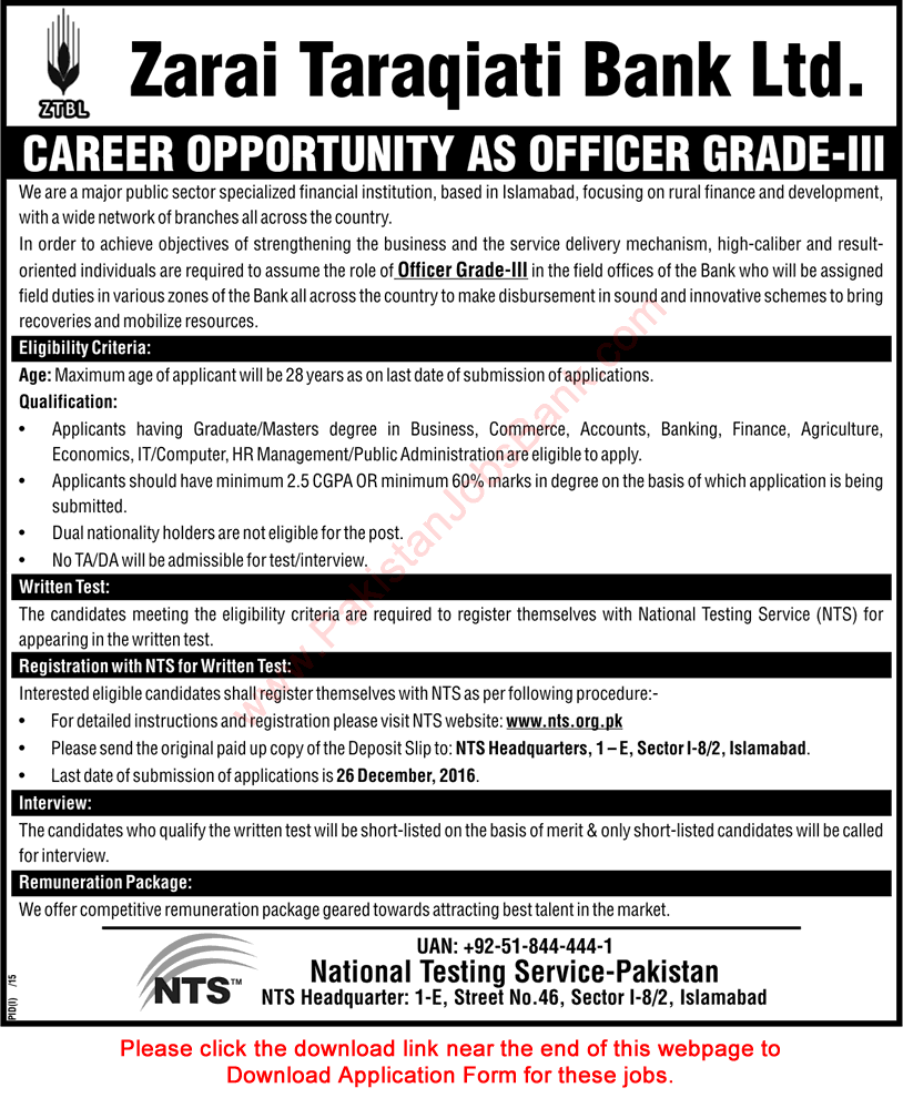 Officer Grade 3 Jobs in ZTBL December 2016 NTS Application Form OG-III Latest Advertisement