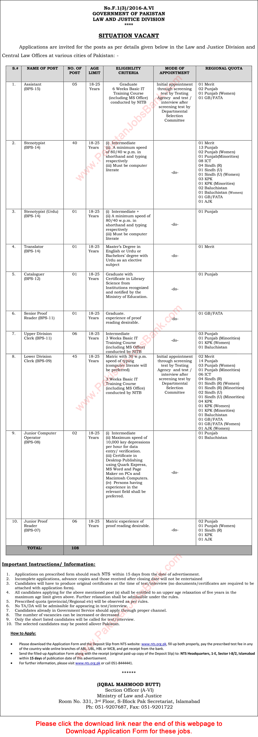 Ministry of Law and Justice Jobs December 2016 NTS Application Form Stenotypists, Clerks & Others Latest