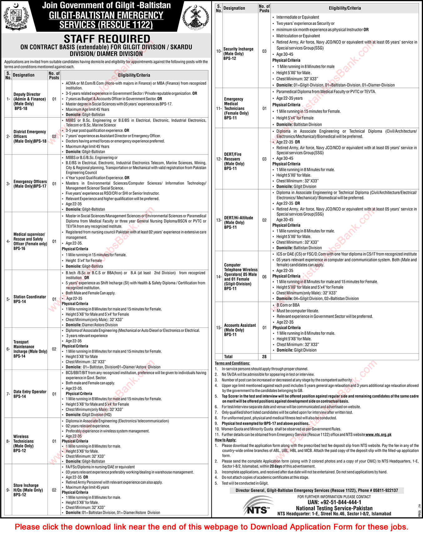 Rescue 1122 Gilgit Baltistan Jobs 2016 December NTS Application Form DERT / Fire Rescuers & Others Latest