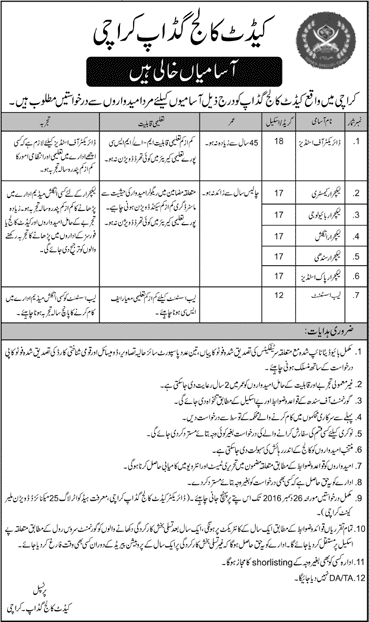 Cadet College Gadap Karachi Jobs December 2016 Lecturers, Lab Assistant & Director Latest