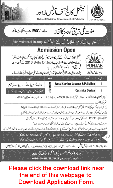 National College of Arts Lahore Free Courses 2016 December Application Form PSDF Latest