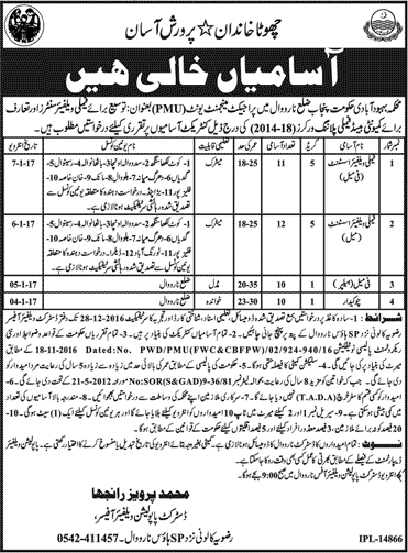 Population Welfare Department Narowal Jobs December 2016 Family Welfare Assistants & Others Latest