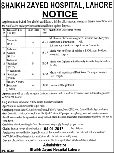 Shaikh Zayed Hospital Lahore Jobs December 2016 Medical Technicians, Pharmacist & Sanitary Workers Latest