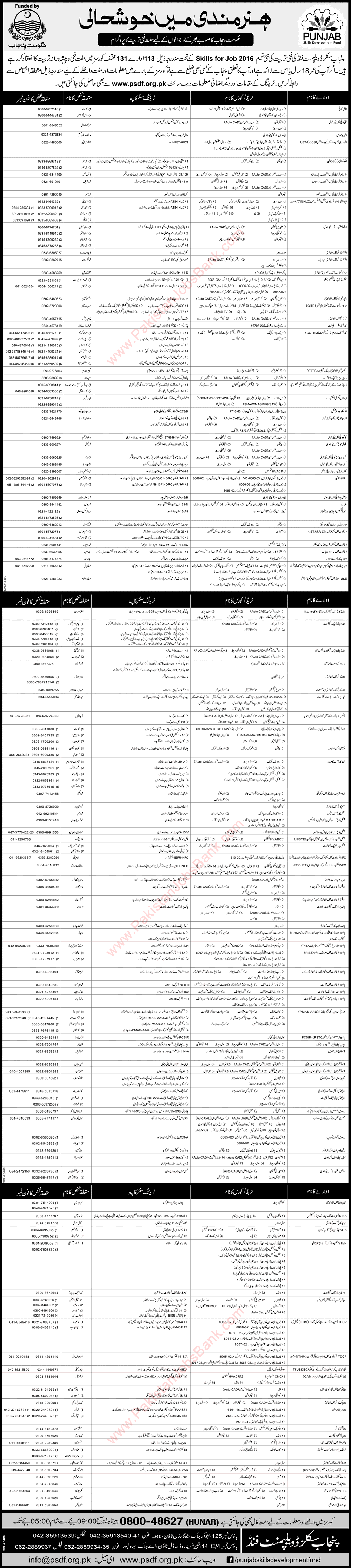 PSDF Free Courses December 2016 Punjab Skills Development Fund Skills for Job 2016 Latest