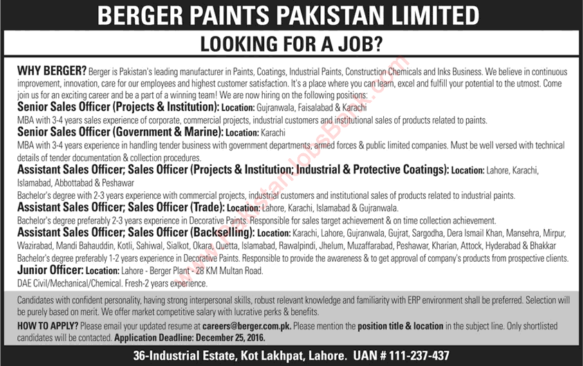 Berger Paints Pakistan Jobs December 2016 Sales Officers & DAE Engineers Latest