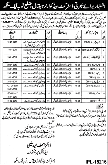 DHQ Hospital Toba Tek Singh Jobs December 2016 Ward Servants / Cleaners, Naib Qasid & Others Latest