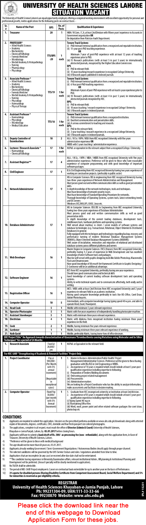 University of Health Sciences Lahore Jobs 2016 December Application Form Teaching Faculty & Others Latest