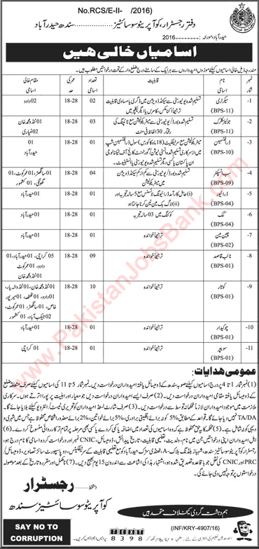 Cooperative Societies Sindh Jobs 2016 December Sub Inspectors, Clerks, Naib Qasid & Others Latest