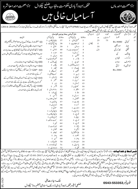 Family Planning Worker Jobs in Population Welfare Department Punjab Chakwal December 2016 / 2017 Latest