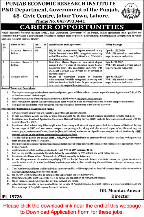 Punjab Economic Research Institute Lahore Jobs 2017 NTS Application Form Research Fellows & Accounts Officer Latest