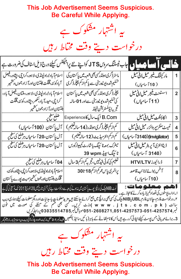 Job Testing Service Jobs 2017 JTS Application Form for Invigilators, Data Entry Operators & Others Latest