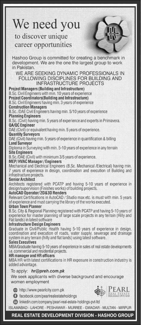 Pearl Real Estate Holding Pvt Ltd Islamabad Jobs 2017 Civil Engineers, Managers, Sales Executives & Others Latest