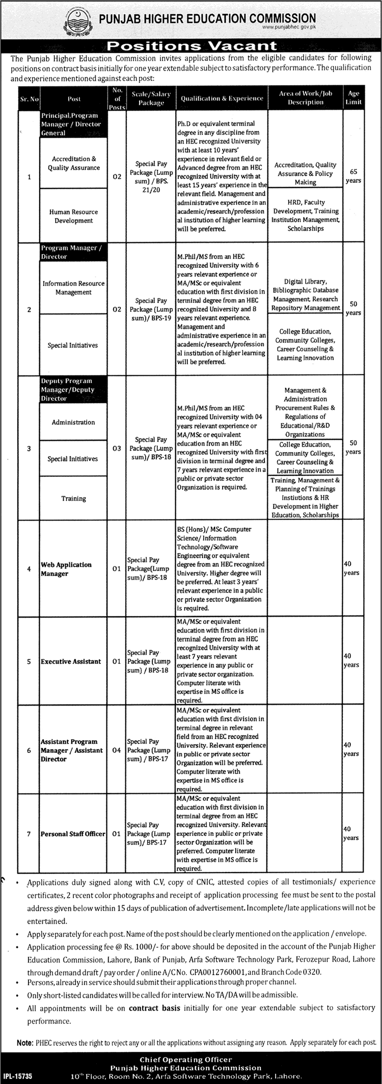 Punjab Higher Education Commission Jobs 2017 Lahore Program Managers & Others PHEC Latest