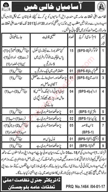 Directorate General of Public Relations Balochistan Jobs 2017 Photographers, Naib Qasid, Drivers & Others Latest